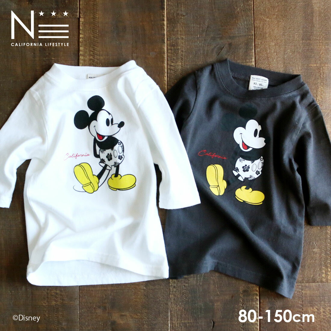 ミッキーマウス 7分袖Tシャツ ハイビスカス柄　キッズ