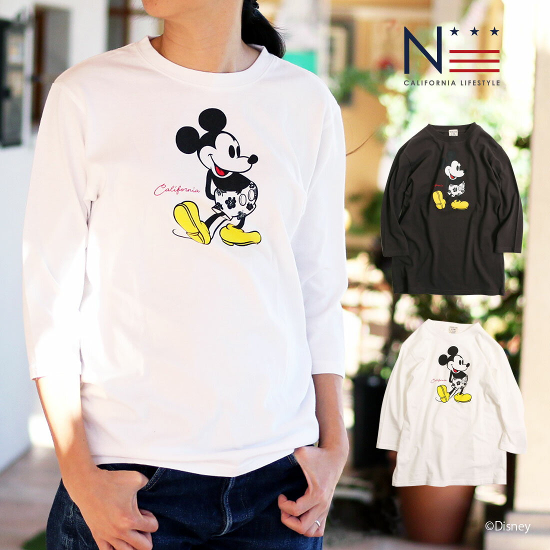 ミッキーマウス 7分袖Tシャツ ハイビスカス柄