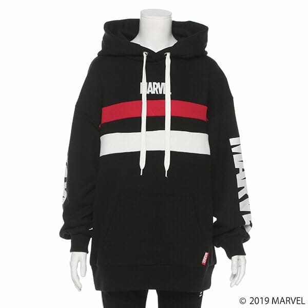 【MARVEL】 裏毛 ライン袖ロゴロング丈パーカー